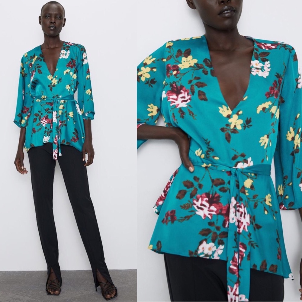 ZARA Floral Printed Blouse Teal Blue Size Medium